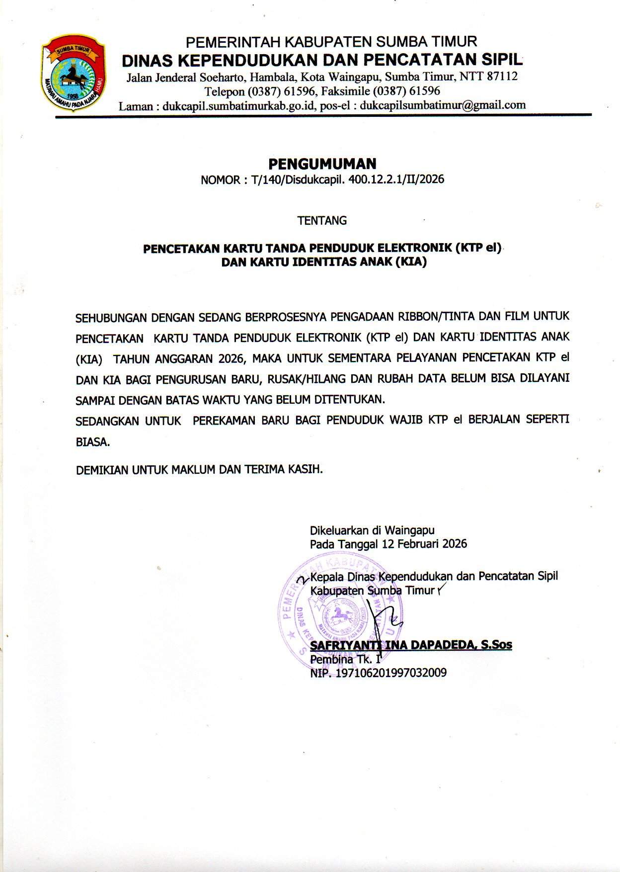 Pengumuman KTPEL DAN KIA