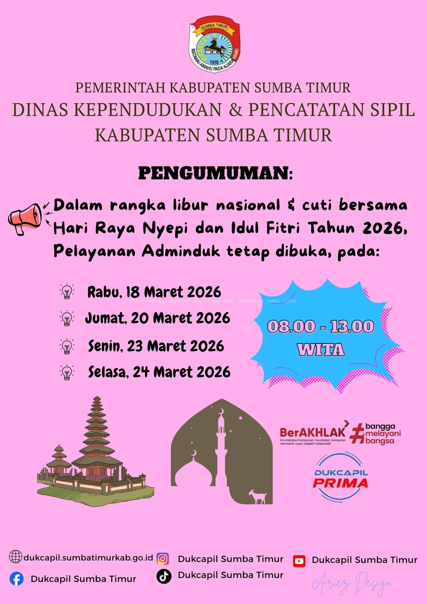 Pengumuman Pelayanan Adminduk selama Libur Nasional Hari Raya Nyepi & Idul Fitri 2026