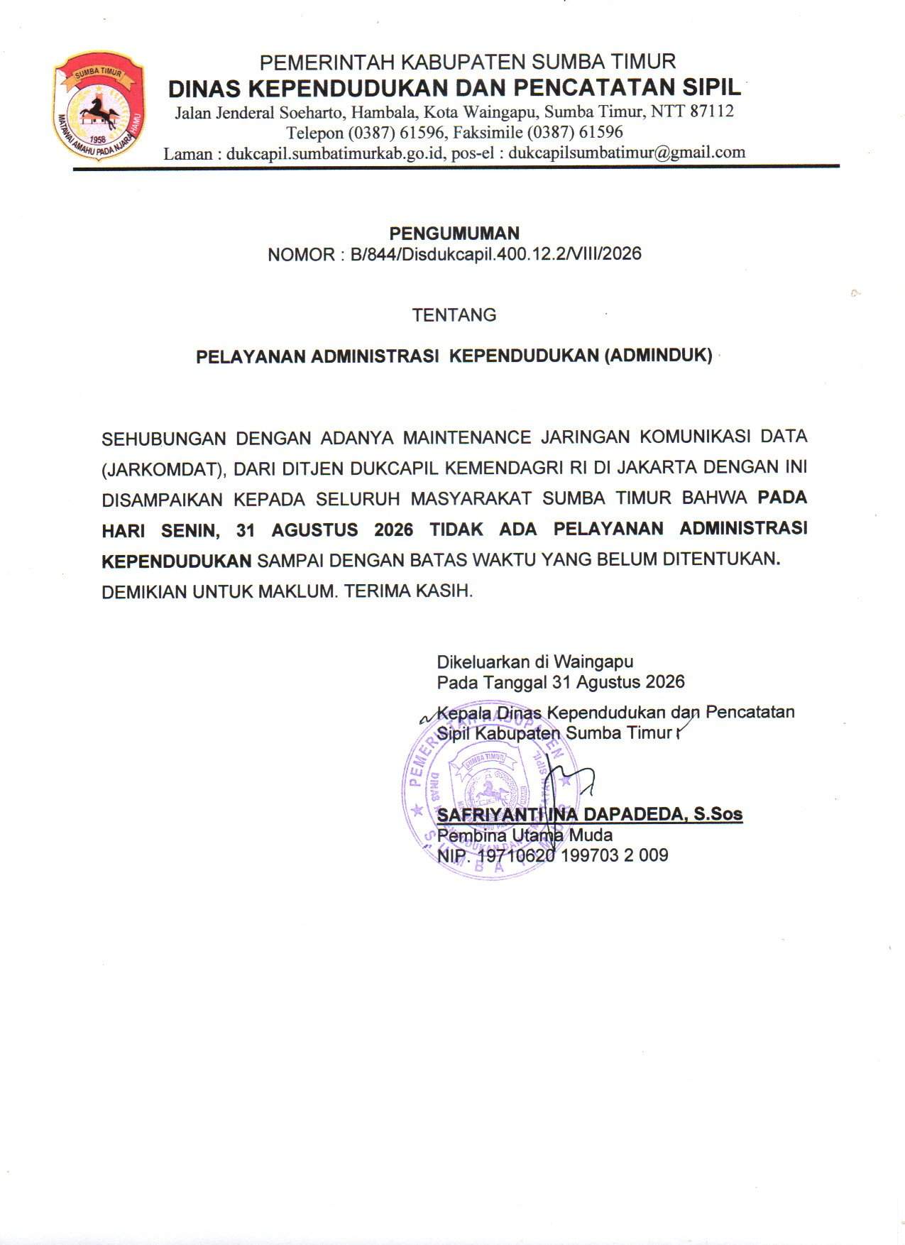 Pelayanan Adminduk mengalami gangguan JARKOMDAT.