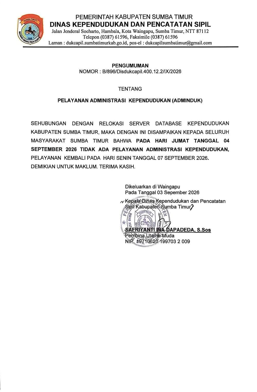 Pelayanan Adminduk untuk sementara dihentikan.